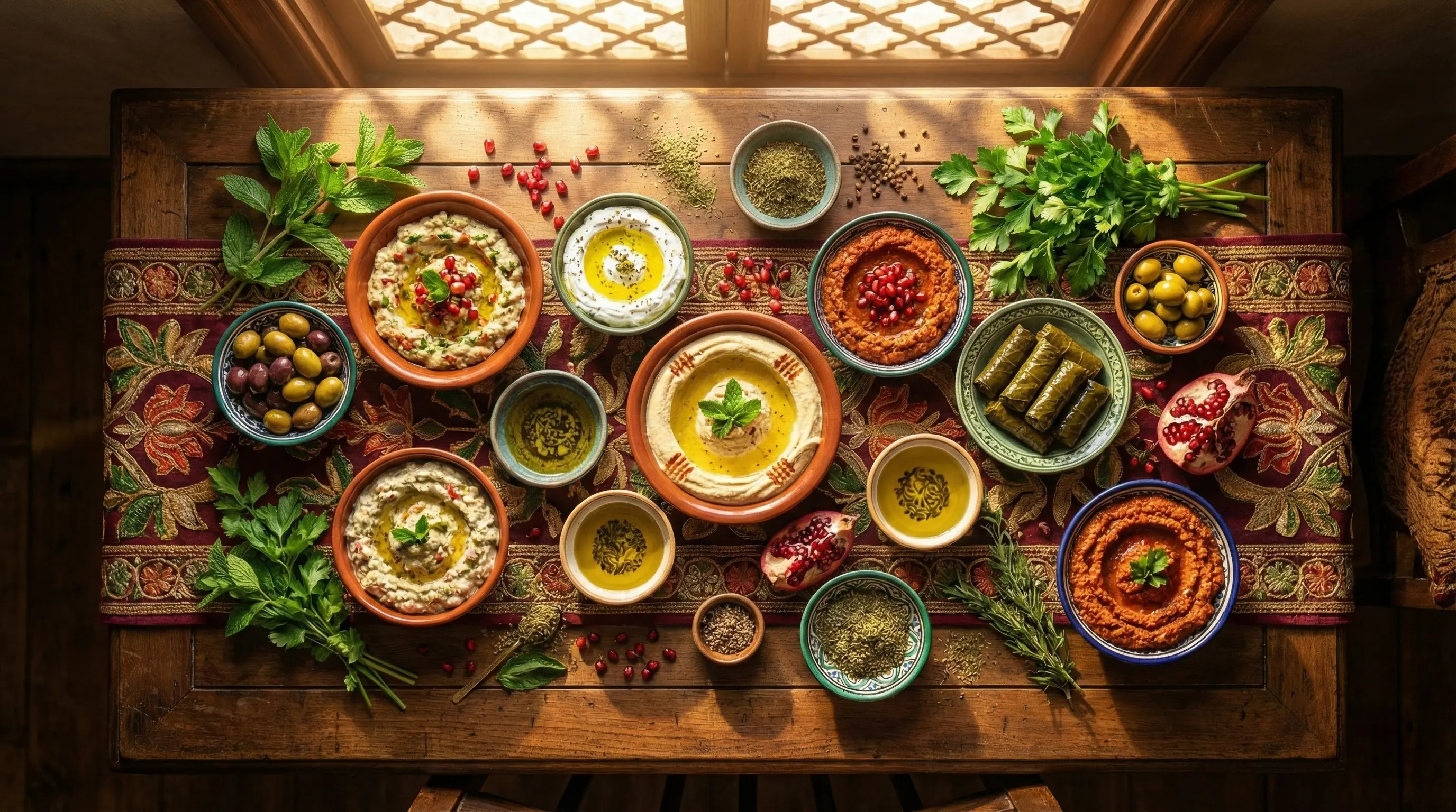 Premium Middle Eastern food spread with olives, dips, and warm bread